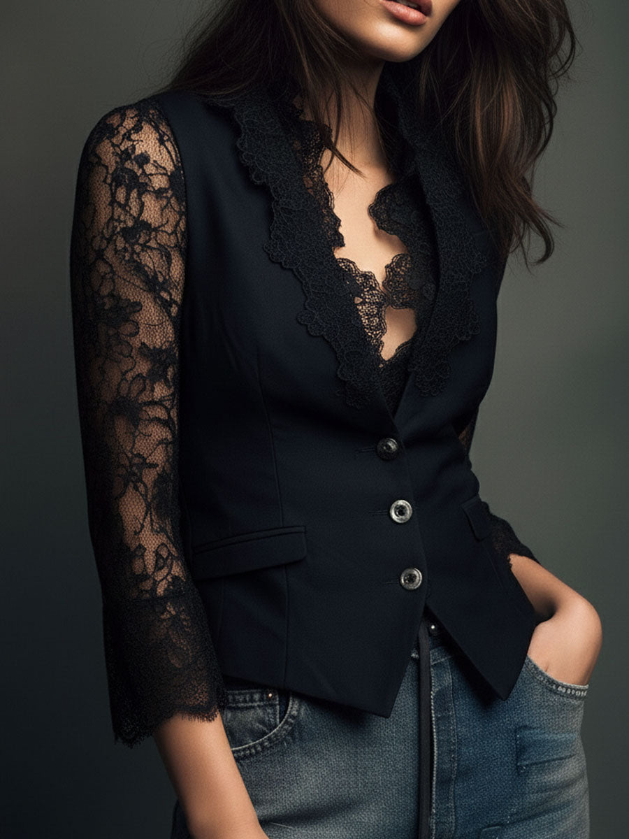 Vittoria | Black Blazer with Semi-Transparent Sleeves