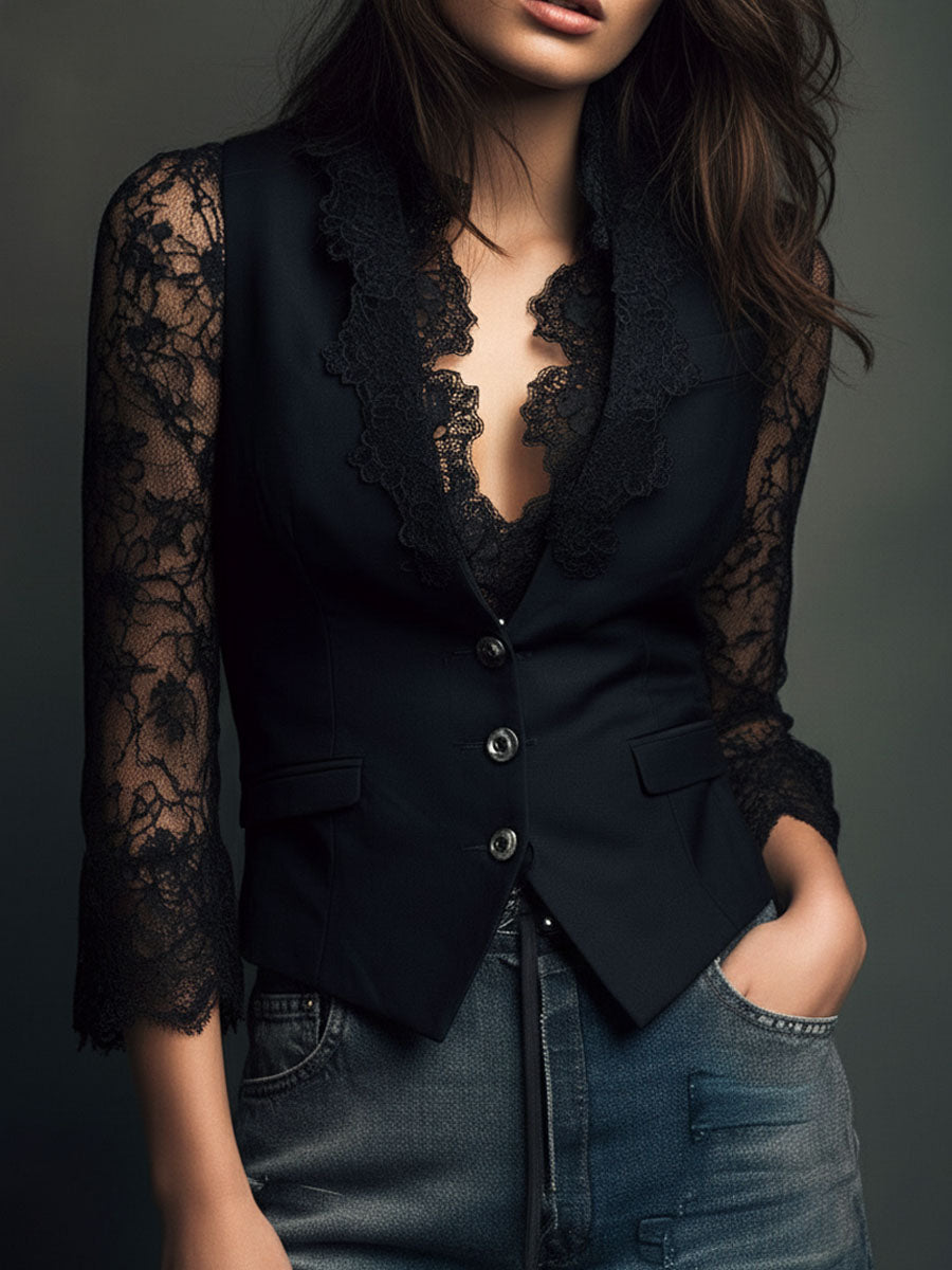 Vittoria | Black Blazer with Semi-Transparent Sleeves