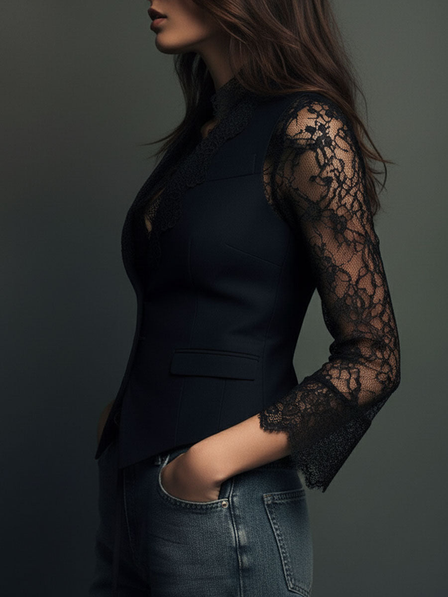 Vittoria | Black Blazer with Semi-Transparent Sleeves