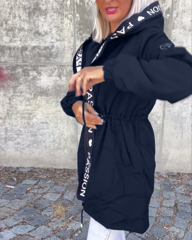Casual Hooded Coat with Drawstring and Letter Print