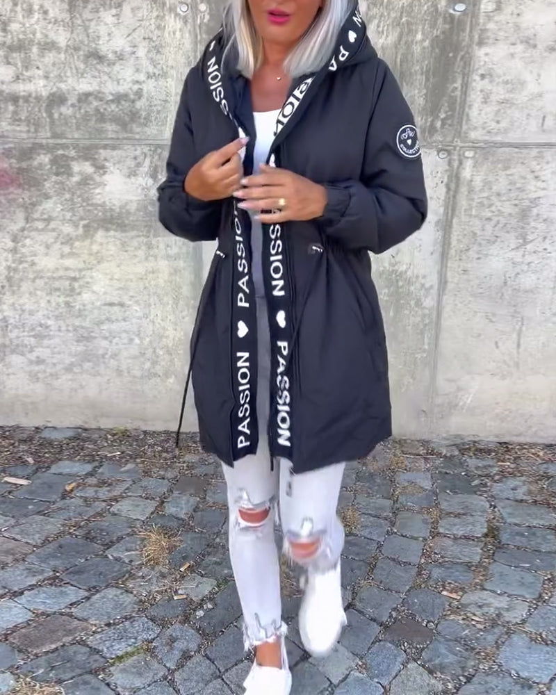 Casual Hooded Coat with Drawstring and Letter Print