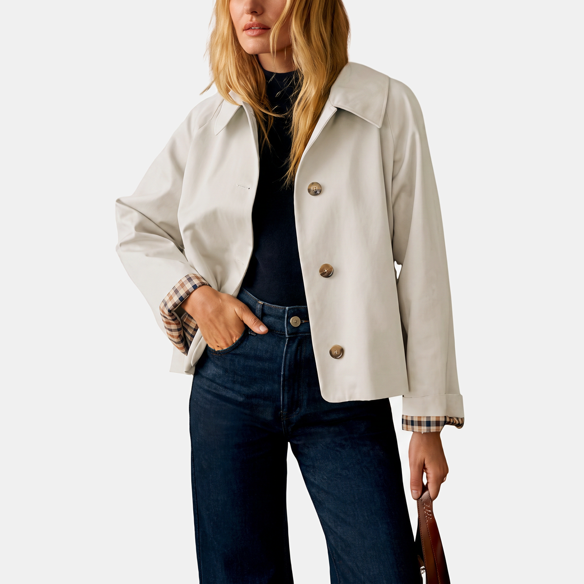 Women's Short Trench Coat with Checked Lining and Gold Buttons