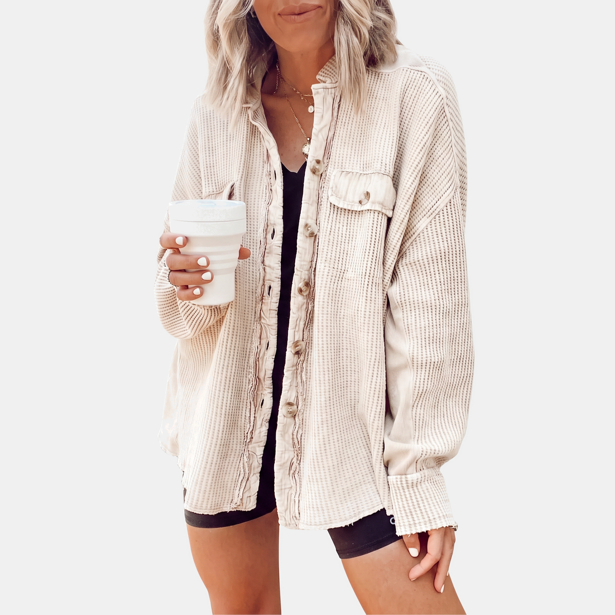 Women's Waffle Knit Raw Hem Button-Front Oversized Shacket