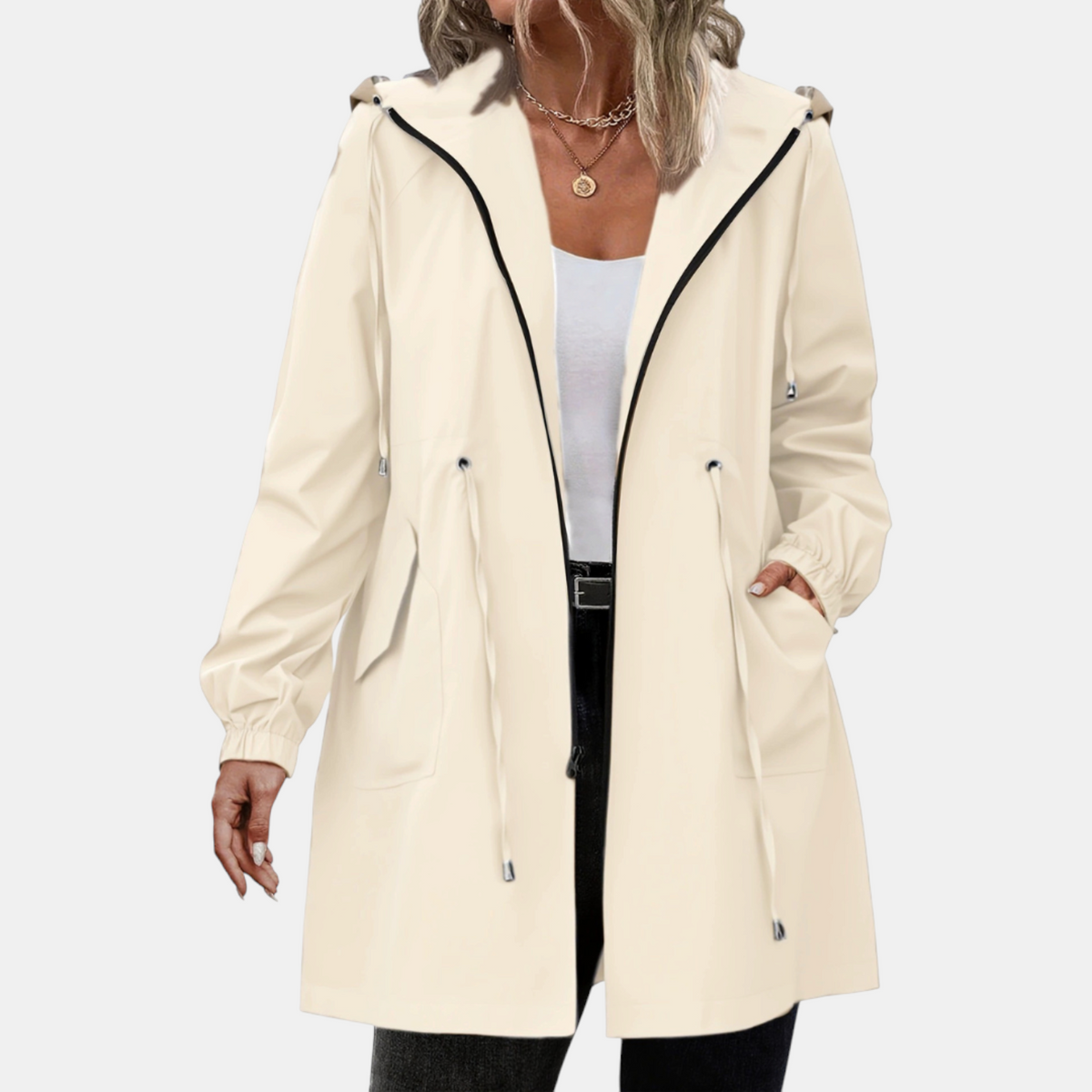 Women's Windbreaker with Drawstring at the Waist, Hood, Long Jacket