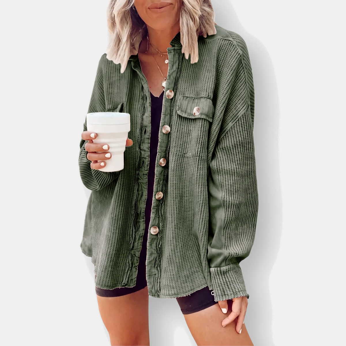 Women's Waffle Knit Raw Hem Button-Front Oversized Shacket