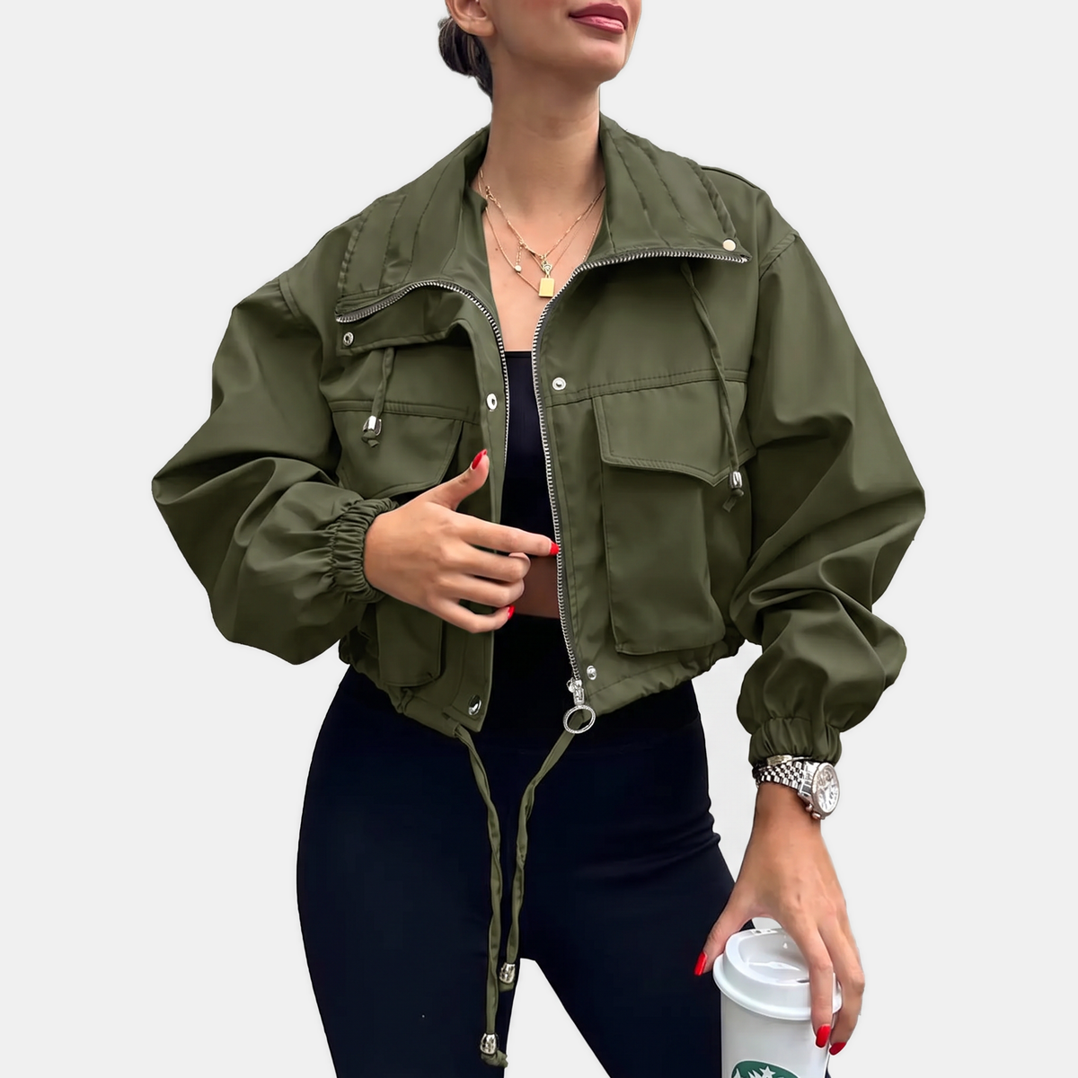 Women's Cropped Zip-Up Cargo Windbreaker Jacket