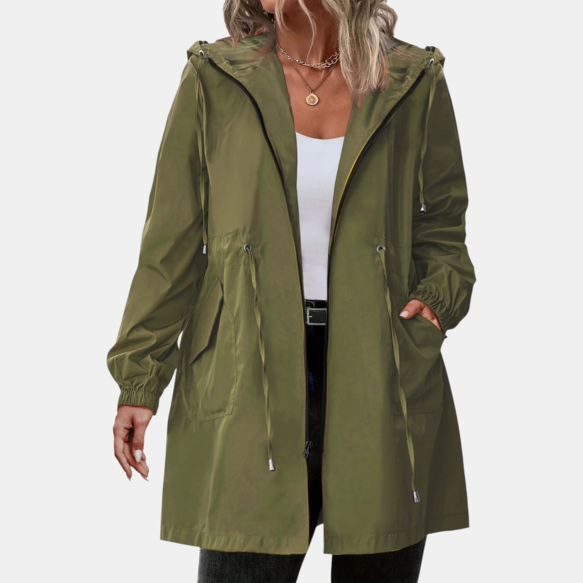 Women's Windbreaker with Drawstring at the Waist, Hood, Long Jacket