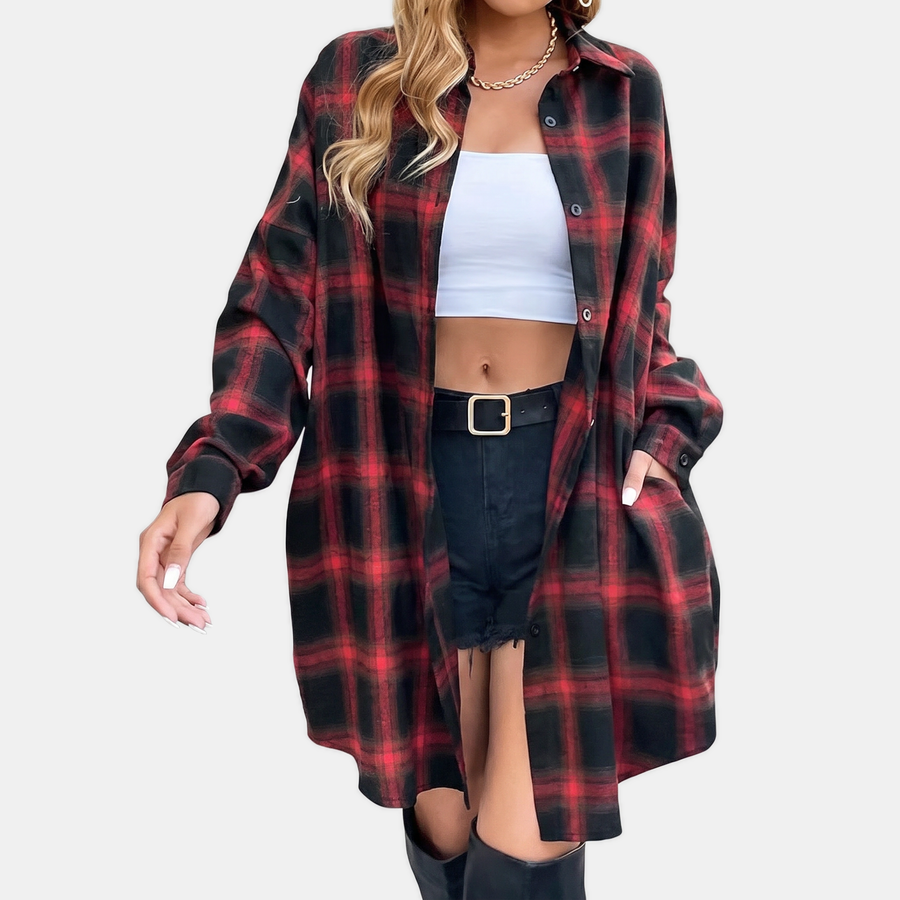 Women's Flannel Check Button-Front Oversized Midi Shirt