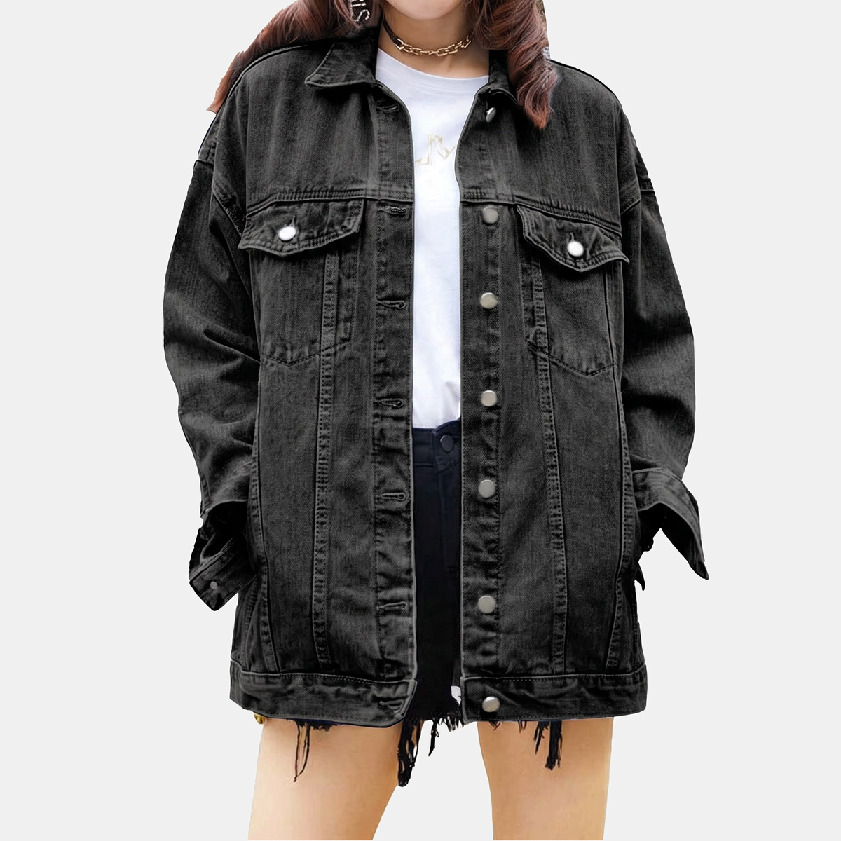 Women's Oversized Denim Jacket with Snap Buttons in Boyfriend Style