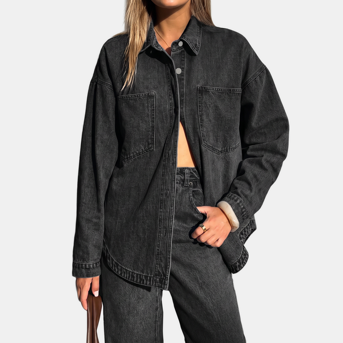 Women's Oversized Button-Down Washed Denim Jacket with Long Sleeves