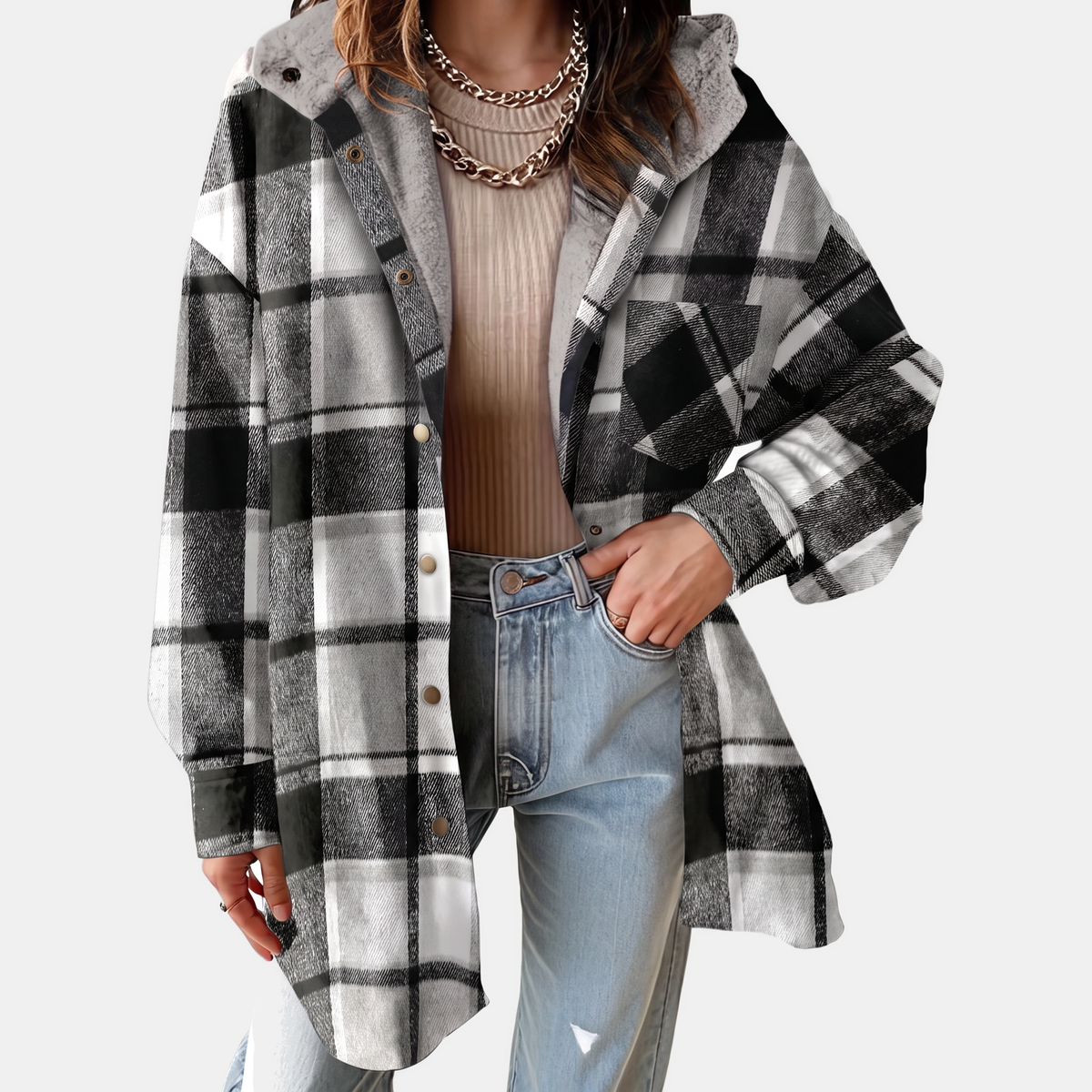 Women's Flannel Hooded Check Shacket Fleece Lined Coat