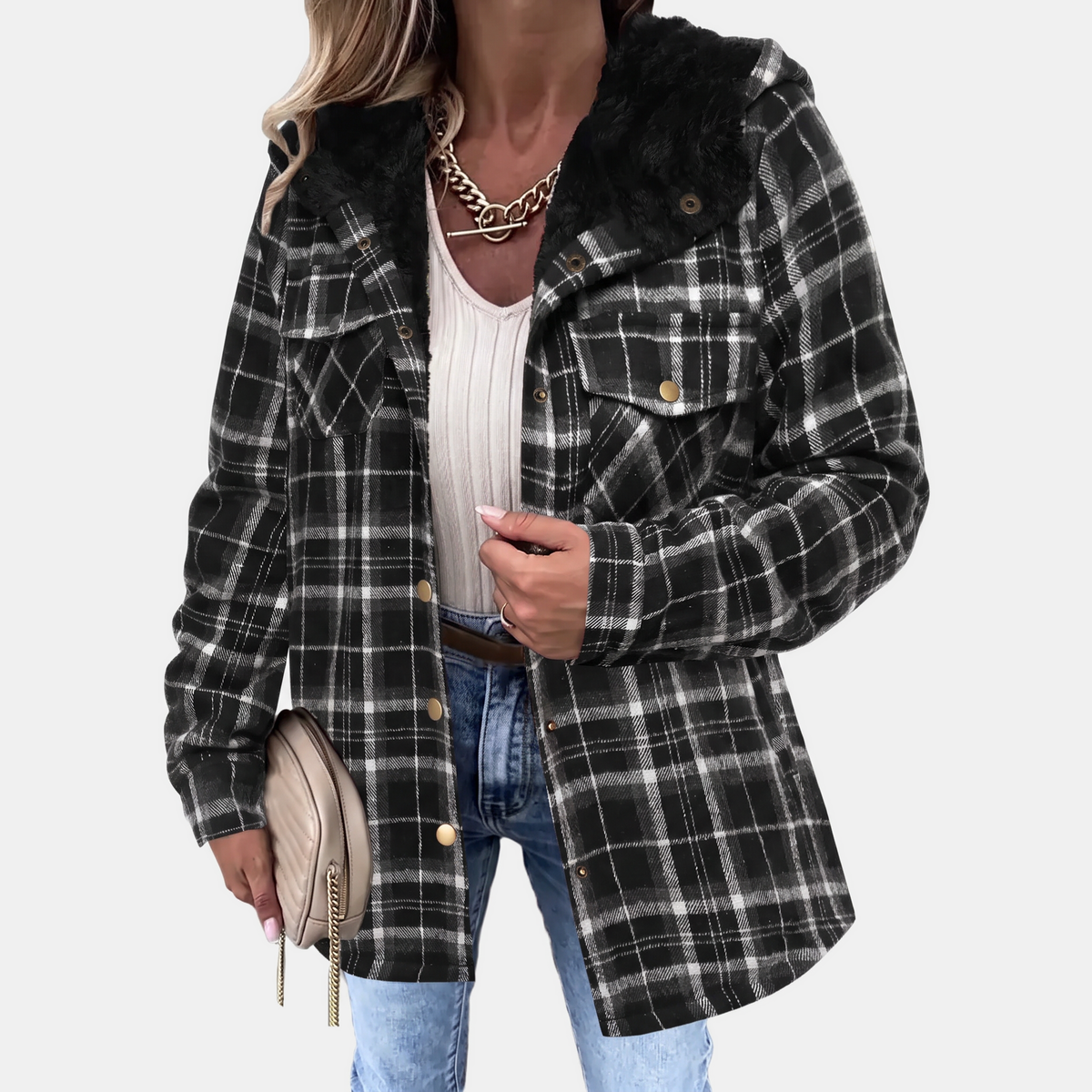 Women's Plush Hooded Checkered Flannel Snap Button Shacket