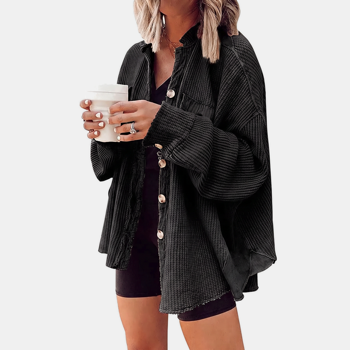Women's Waffle Knit Raw Hem Button-Front Oversized Shacket