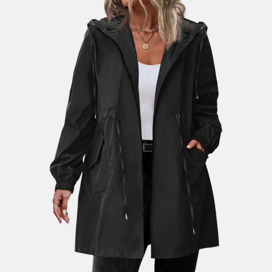 Women's Windbreaker with Drawstring at the Waist, Hood, Long Jacket