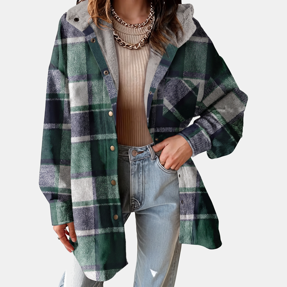 Women's Flannel Hooded Check Shacket Fleece Lined Coat
