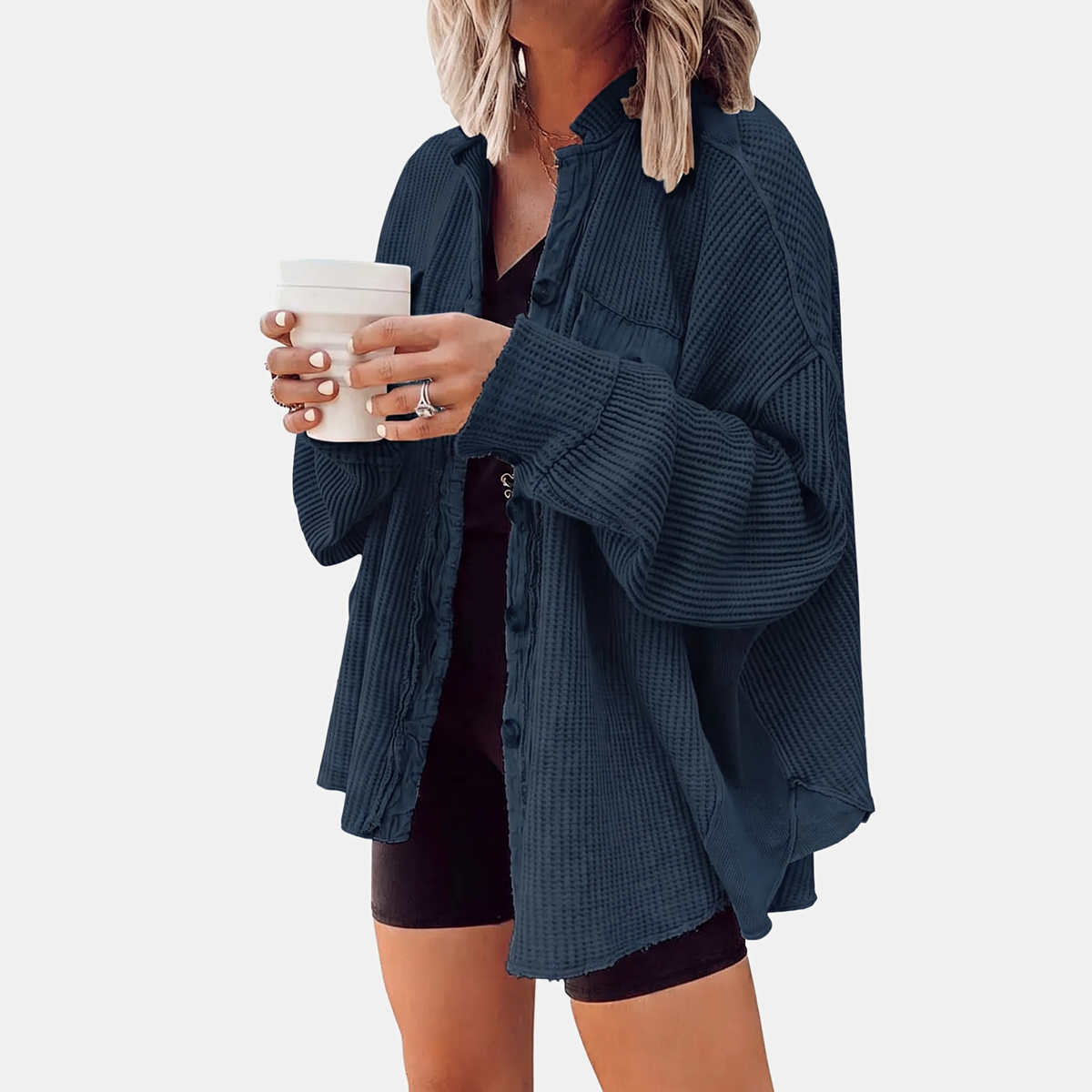 Women's Waffle Knit Raw Hem Button-Front Oversized Shacket