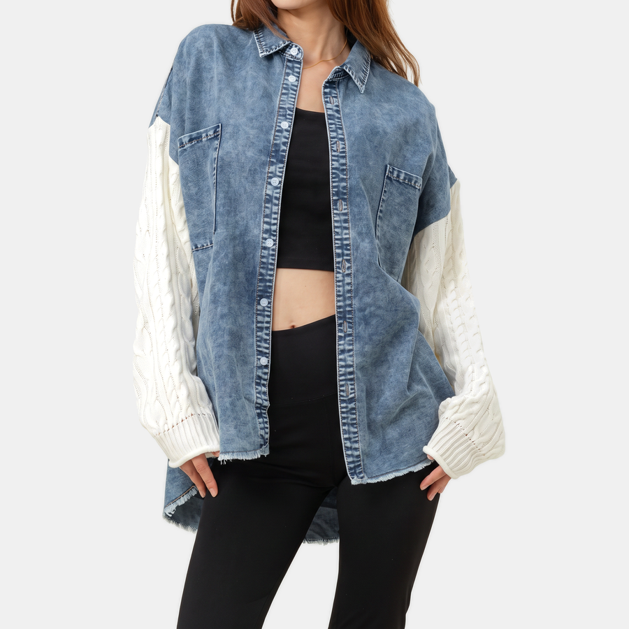 Women's Denim Jacket with Cable Knit Insert and Button Placket, Raw Hem