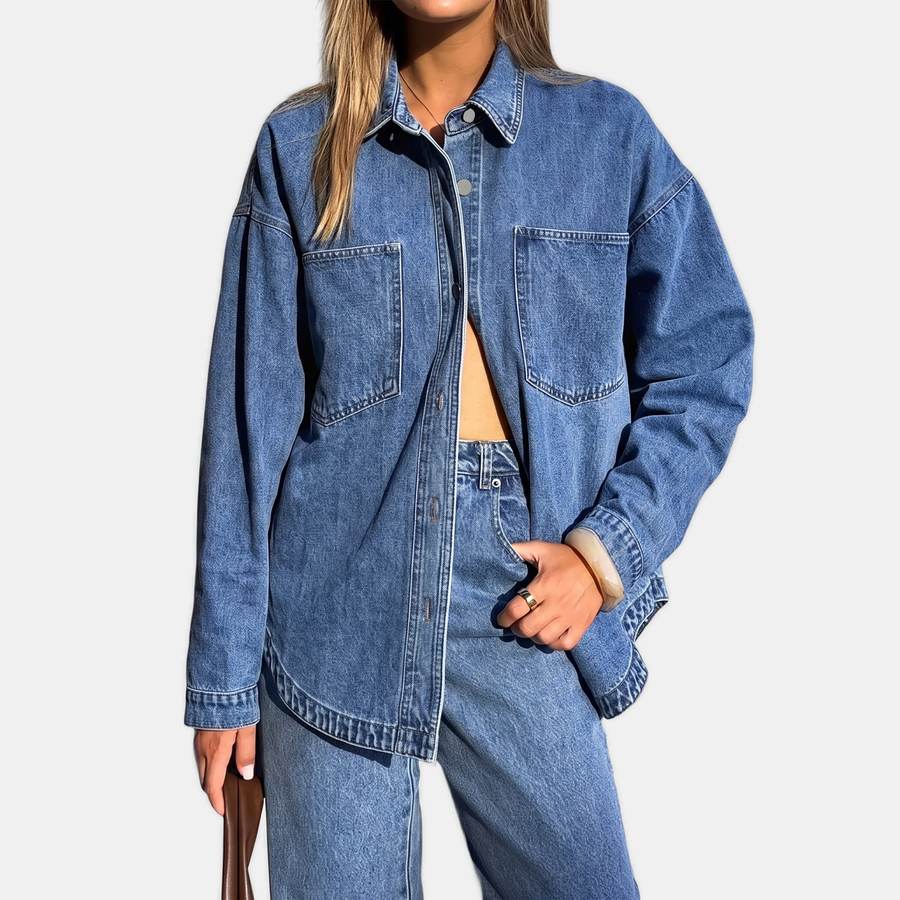 Women's Oversized Button-Down Washed Denim Jacket with Long Sleeves