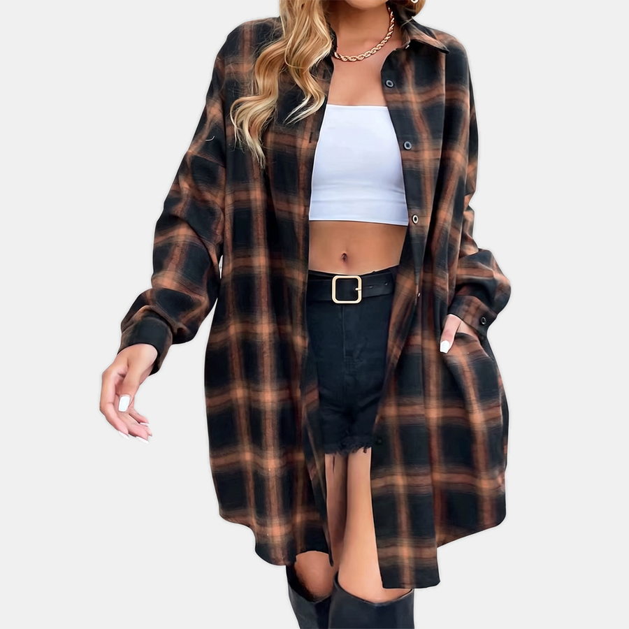 Women's Flannel Check Button-Front Oversized Midi Shirt