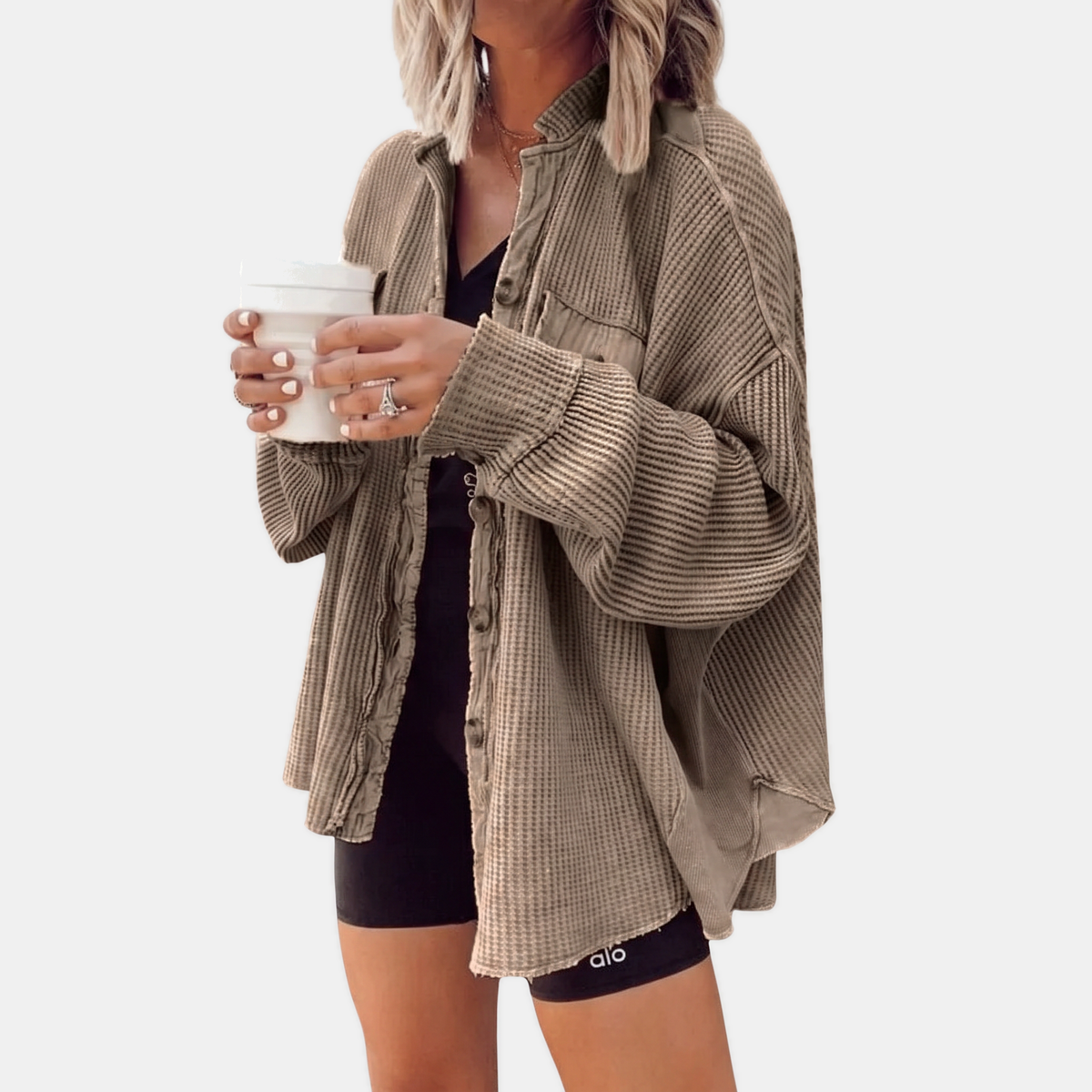 Women's Waffle Knit Raw Hem Button-Front Oversized Shacket