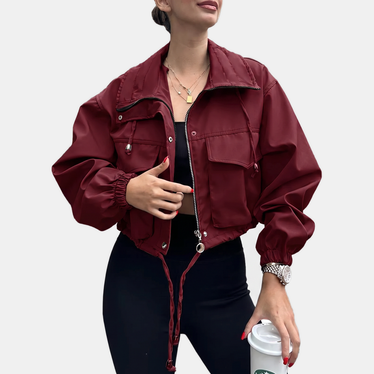 Women's Cropped Zip-Up Cargo Windbreaker Jacket