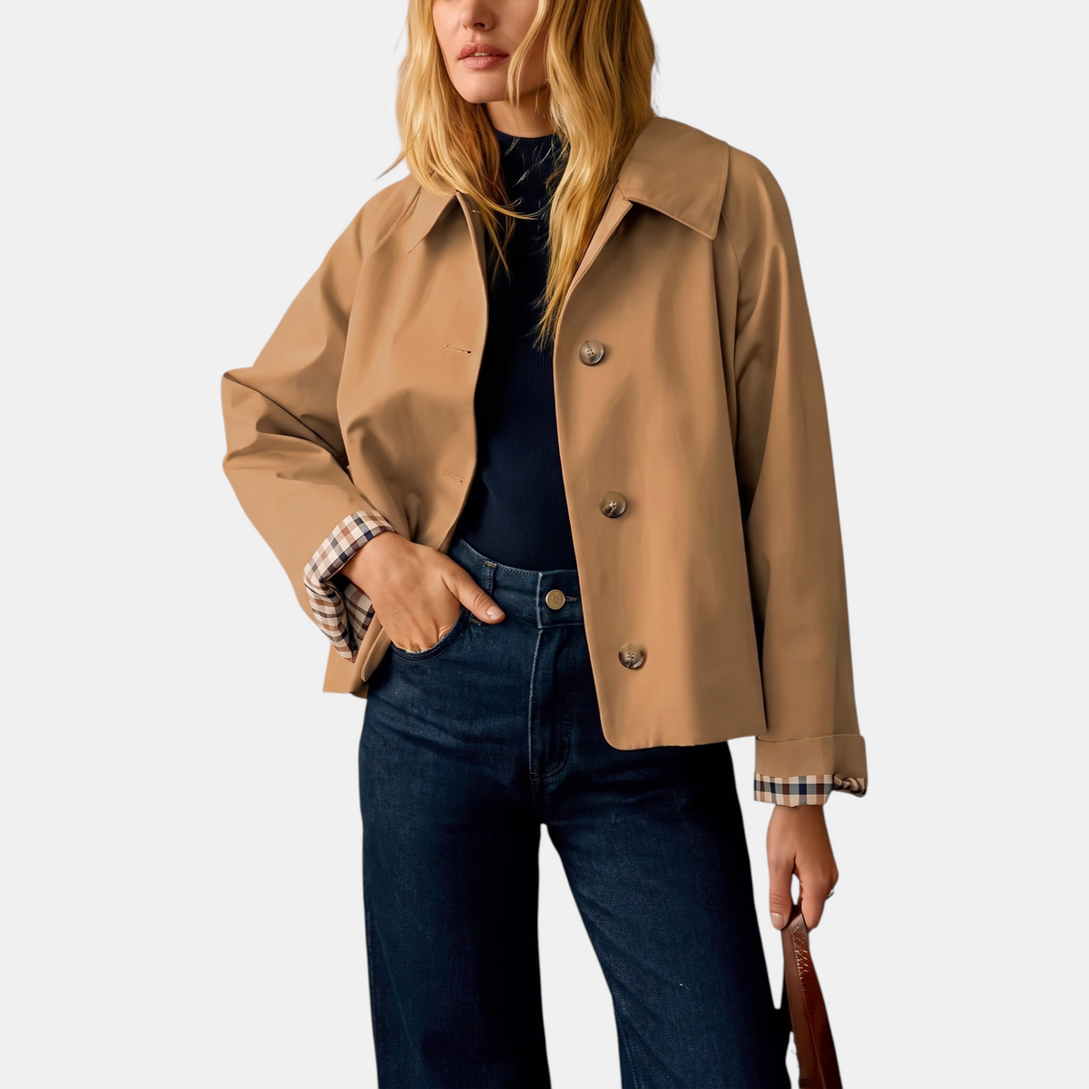 Women's Short Trench Coat with Checked Lining and Gold Buttons