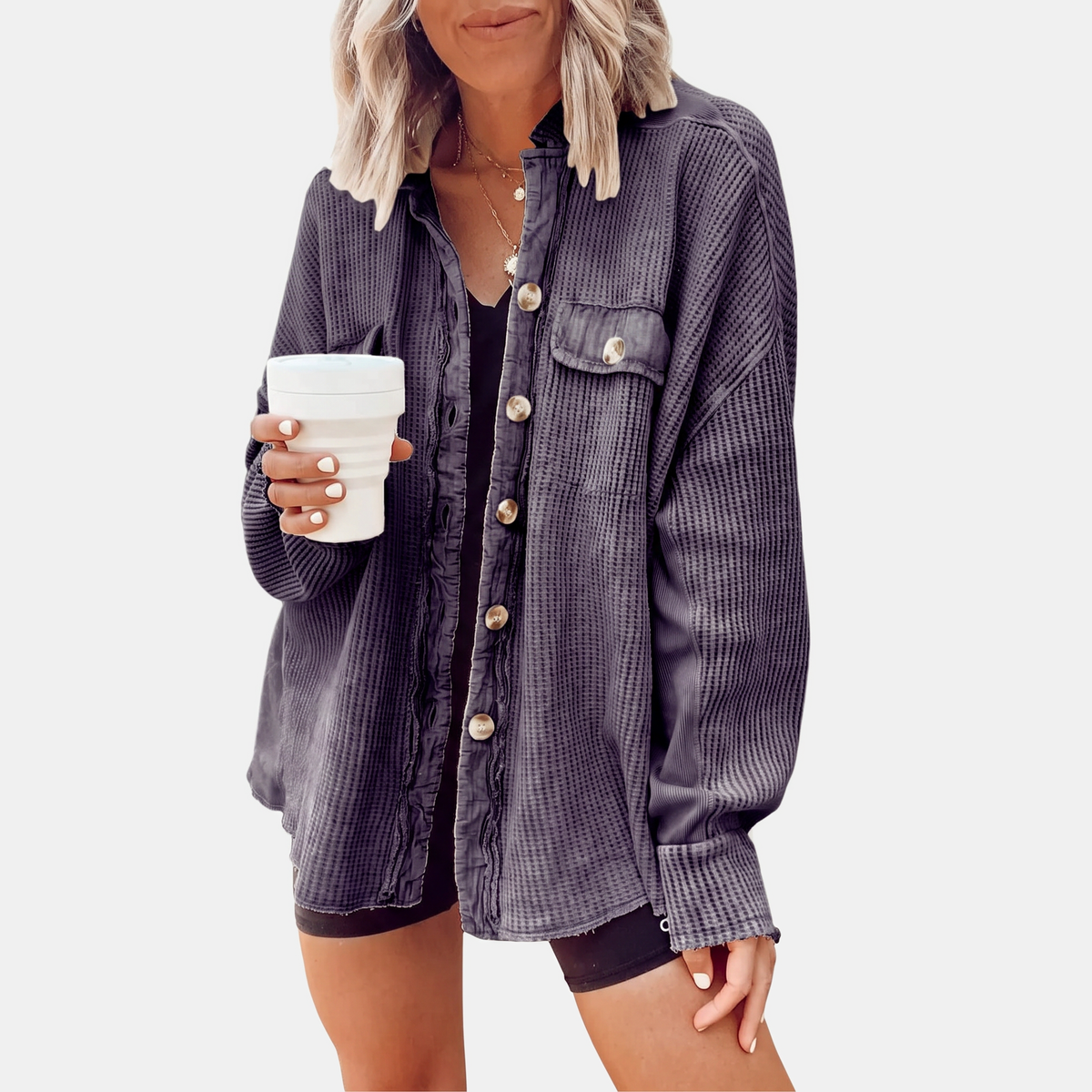 Women's Waffle Knit Raw Hem Button-Front Oversized Shacket