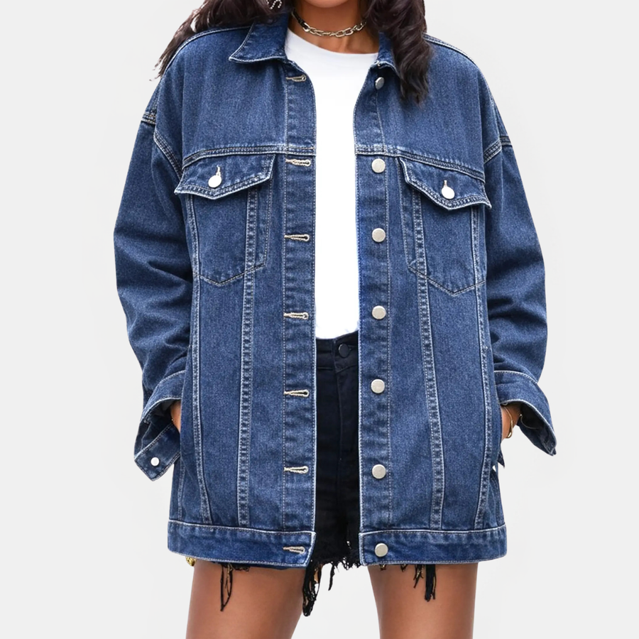 Women's Oversized Denim Jacket with Snap Buttons in Boyfriend Style
