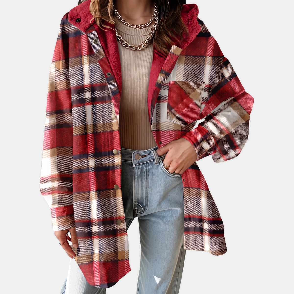 Women's Flannel Hooded Check Shacket Fleece Lined Coat