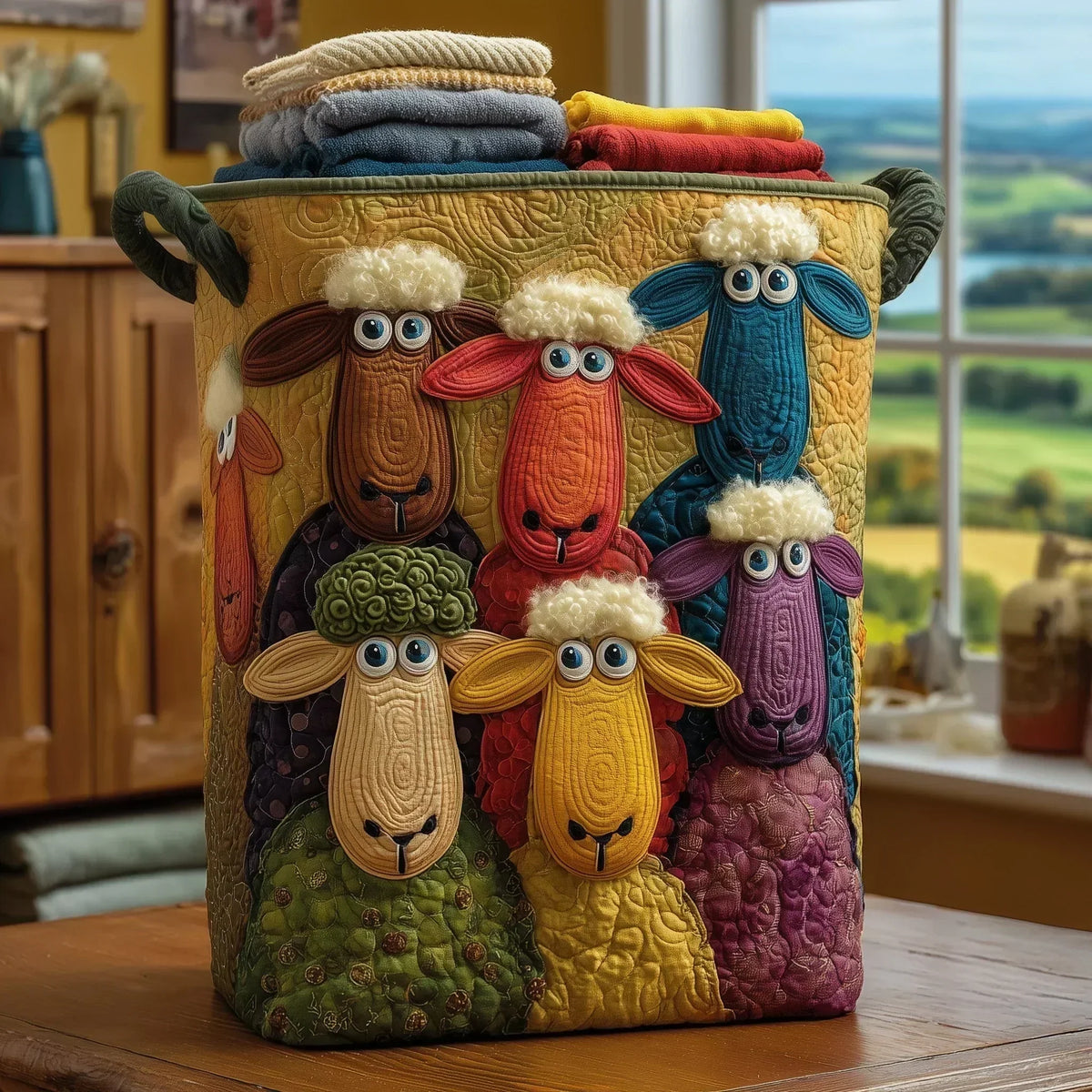 Eglantine™ | Rolling Hills Sheep Quilted Laundry Basket
