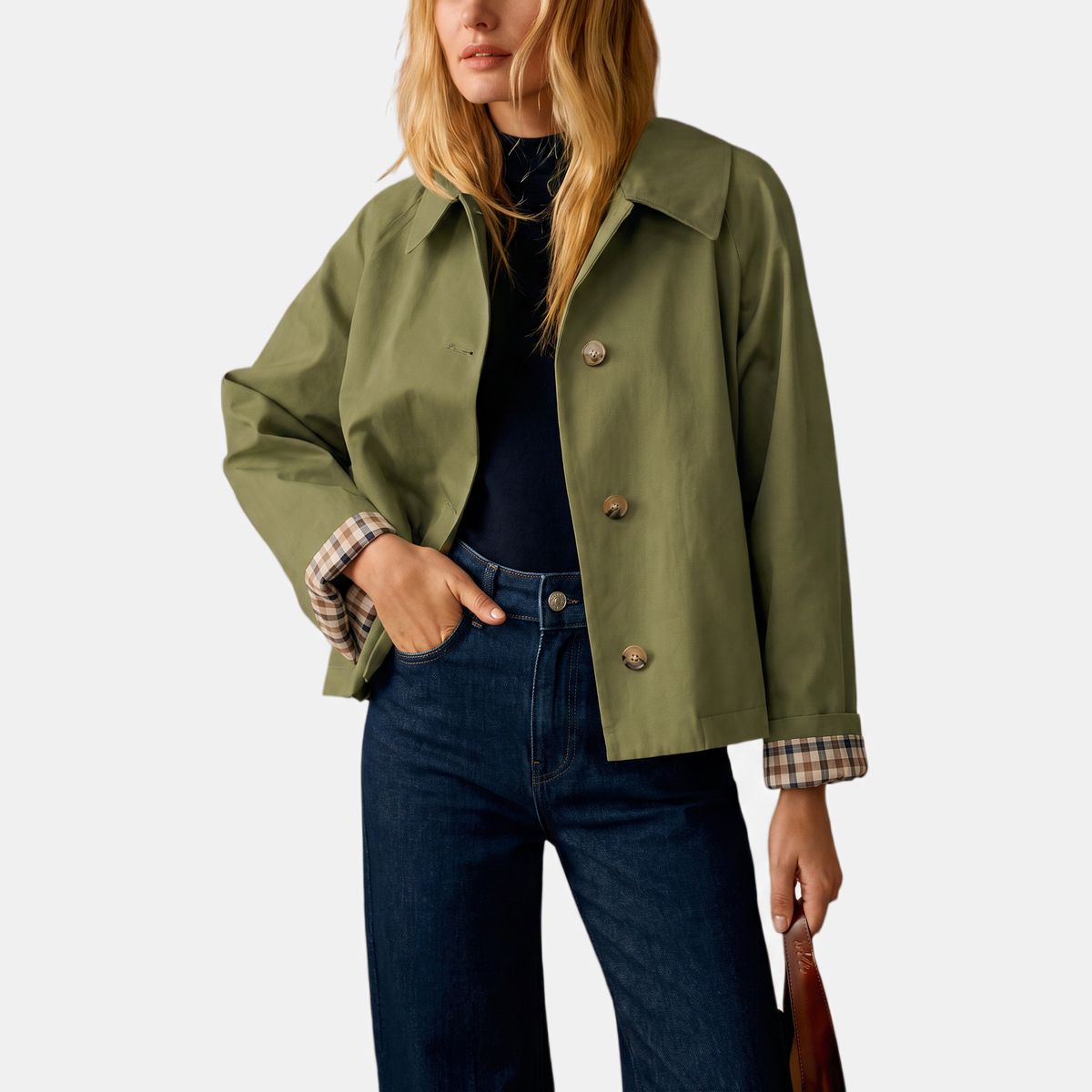 Women's Short Trench Coat with Checked Lining and Gold Buttons