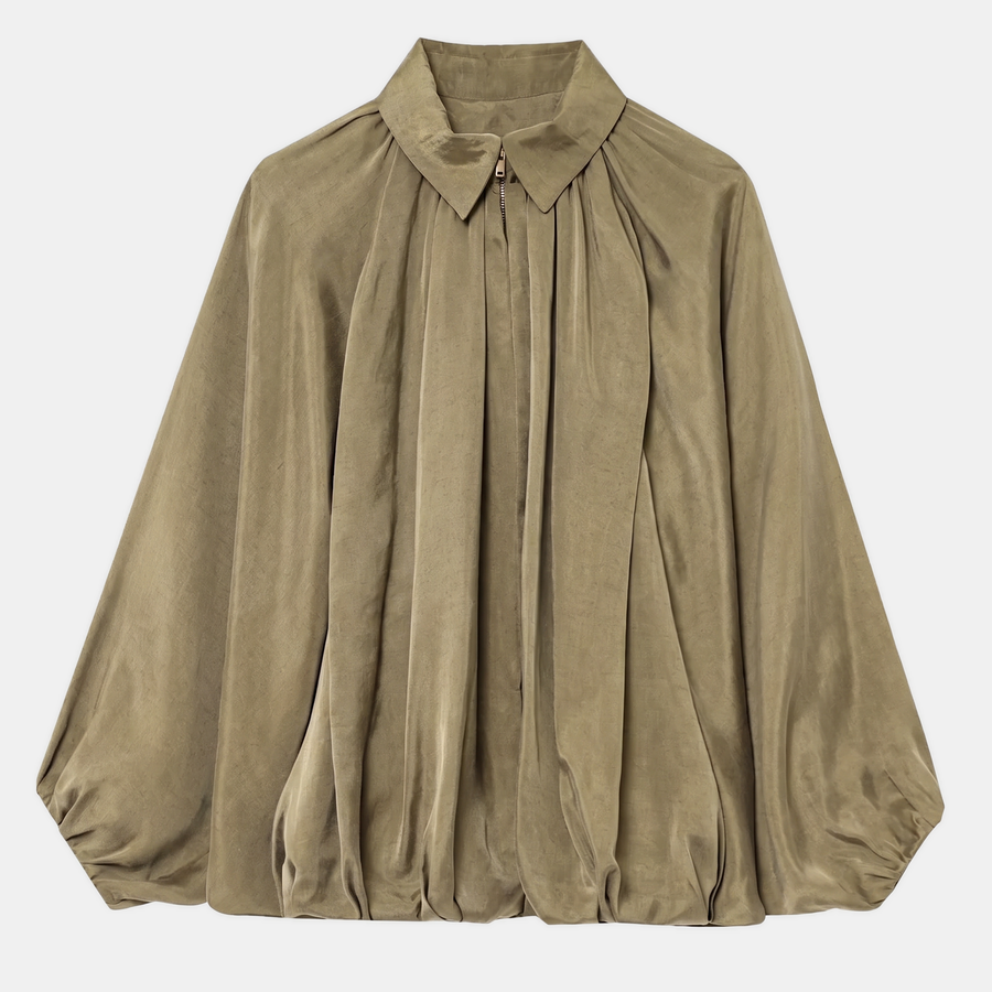 Women's Bomber Jacket with Balloon Sleeves and Zipper in Plus Size