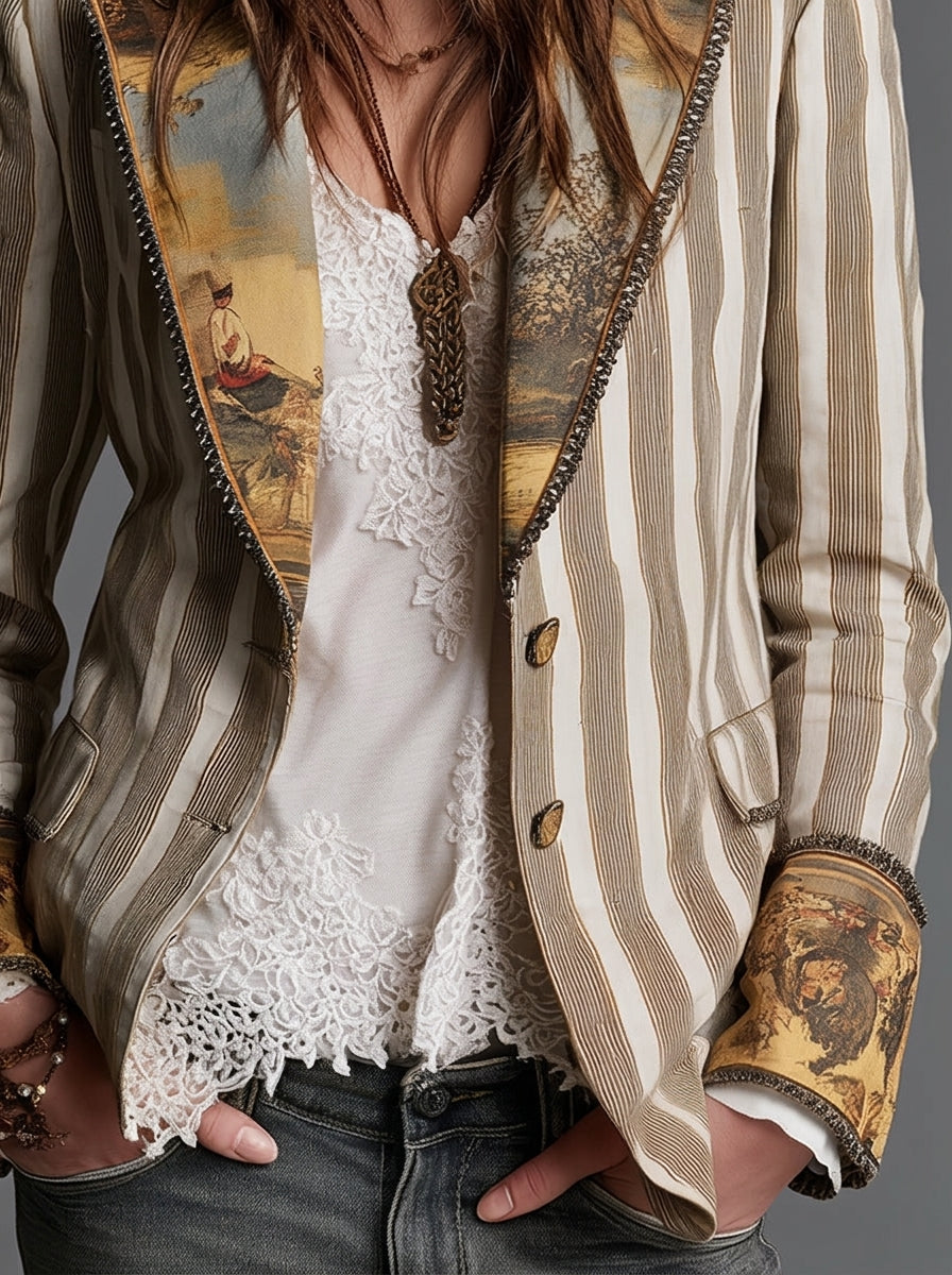 Sara - Striped Bohemian Blazer with Printed Collar
