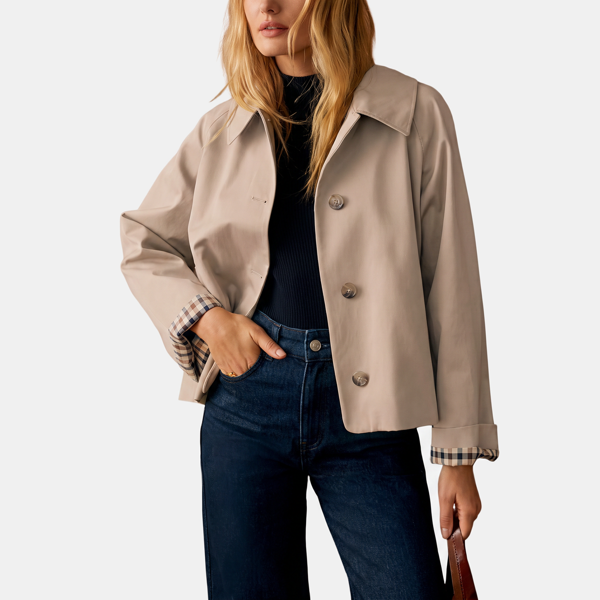 Women's Short Trench Coat with Checked Lining and Gold Buttons