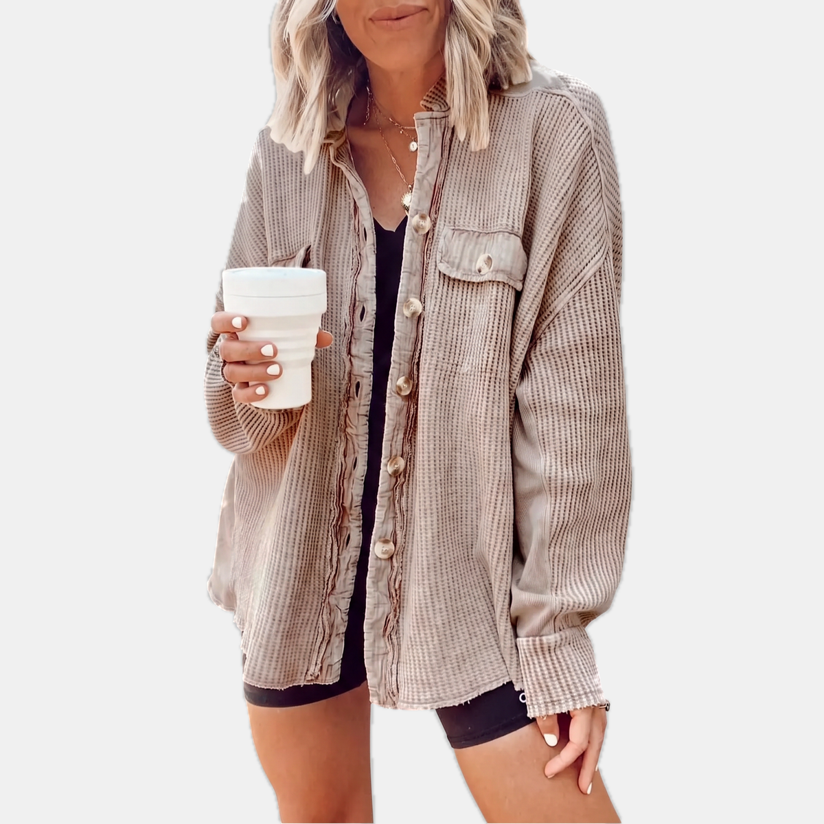 Women's Waffle Knit Raw Hem Button-Front Oversized Shacket