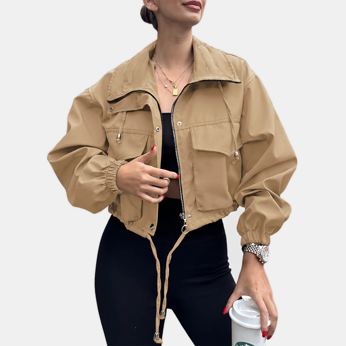 Women's Cropped Zip-Up Cargo Windbreaker Jacket