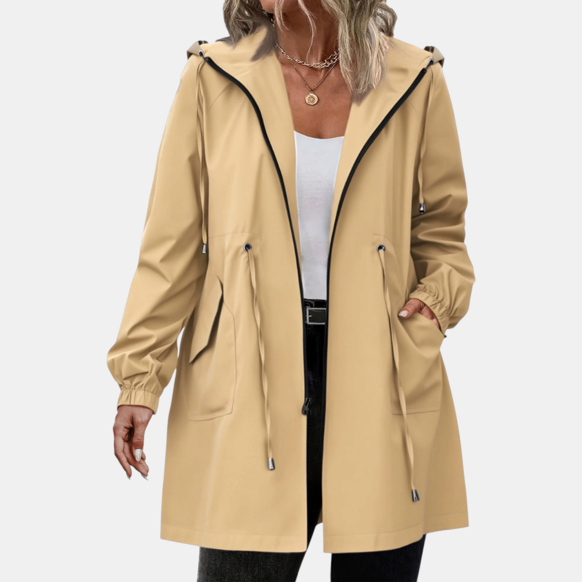 Women's Windbreaker with Drawstring at the Waist, Hood, Long Jacket