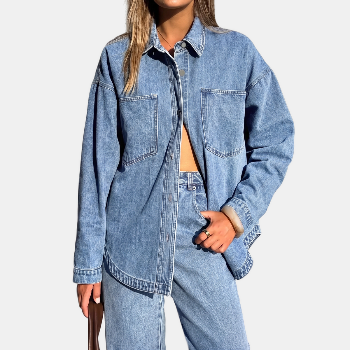 Women's Oversized Button-Down Washed Denim Jacket with Long Sleeves
