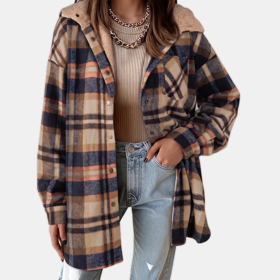 Women's Flannel Hooded Check Shacket Fleece Lined Coat