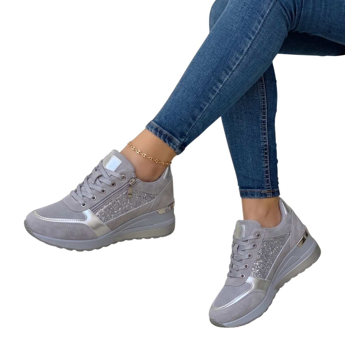 Maddie | Women's Black Lace-Up Comfort Sneakers with Metallic Accents