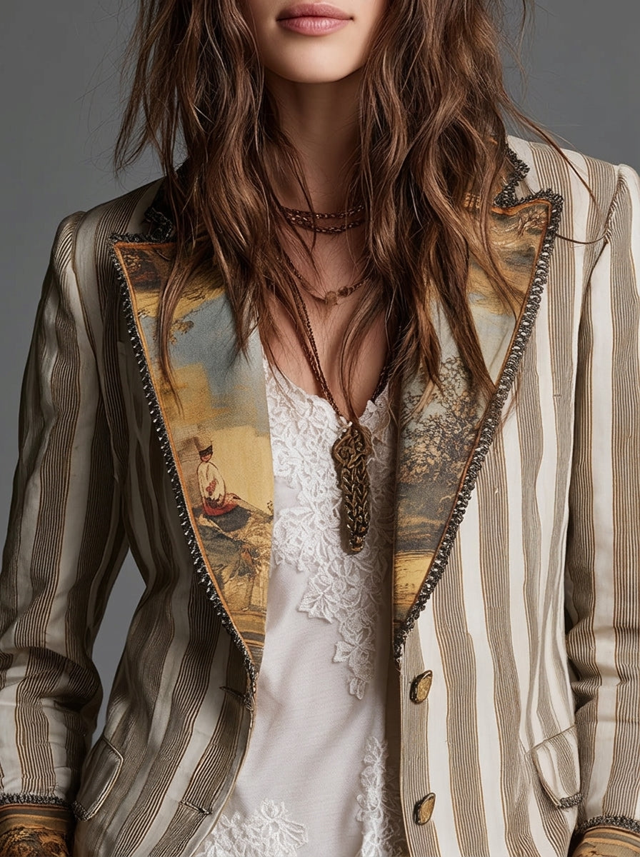 Sara - Striped Bohemian Blazer with Printed Collar