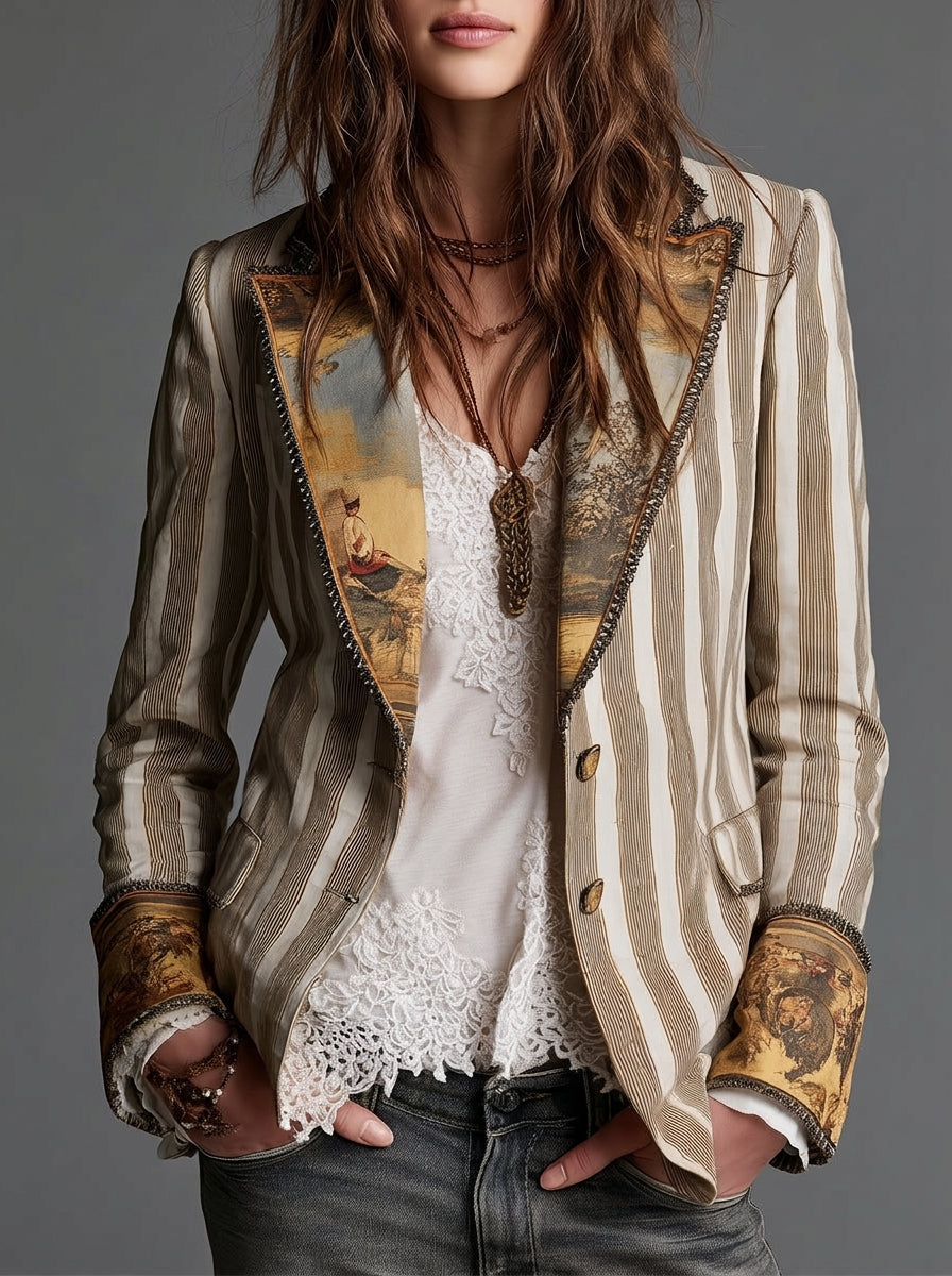 Sara - Striped Bohemian Blazer with Printed Collar