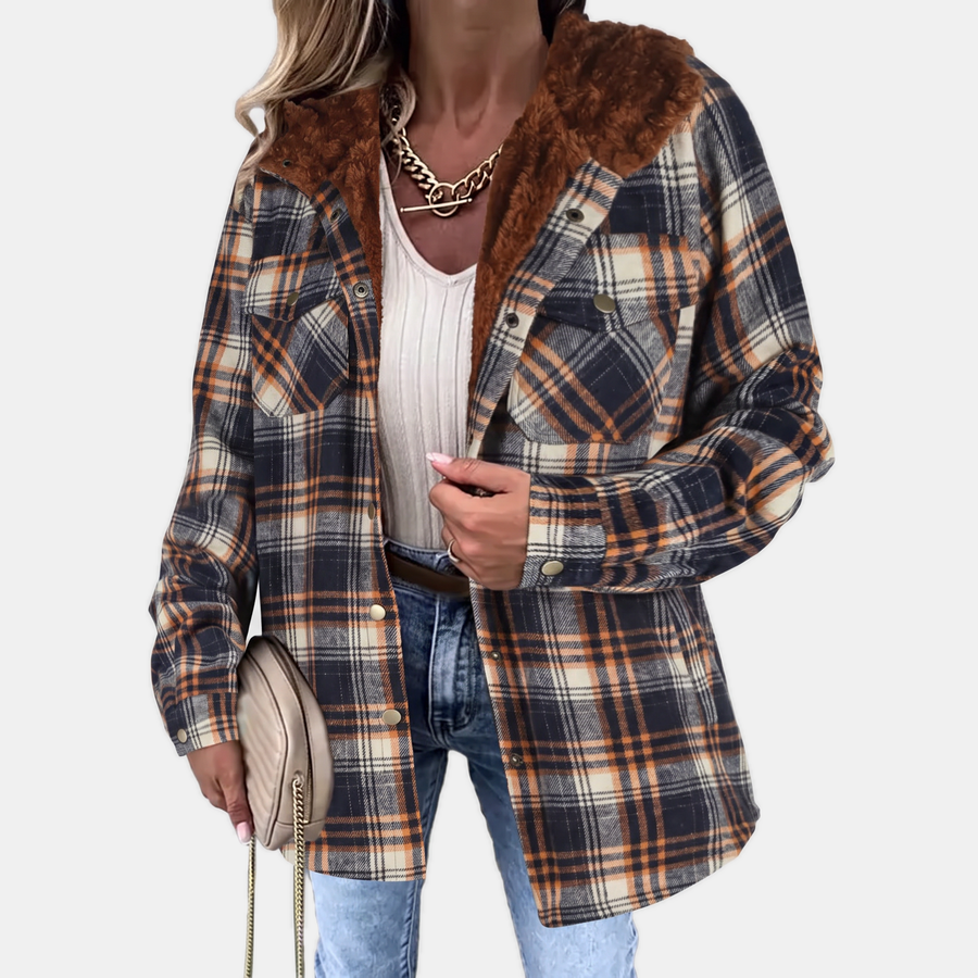 Women's Plush Hooded Checkered Flannel Snap Button Shacket