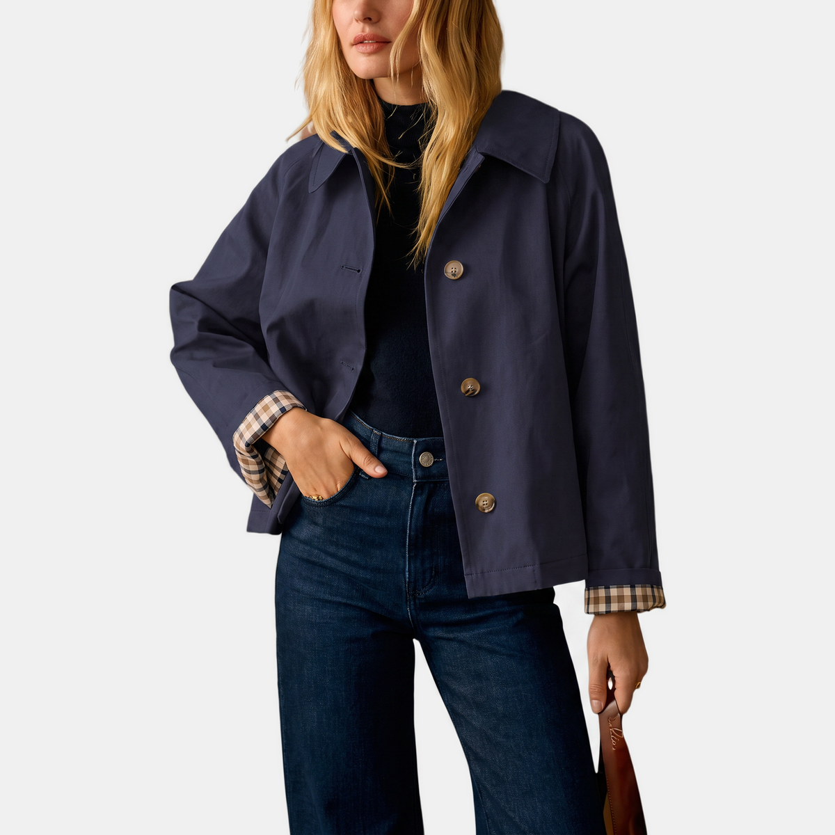Women's Short Trench Coat with Checked Lining and Gold Buttons