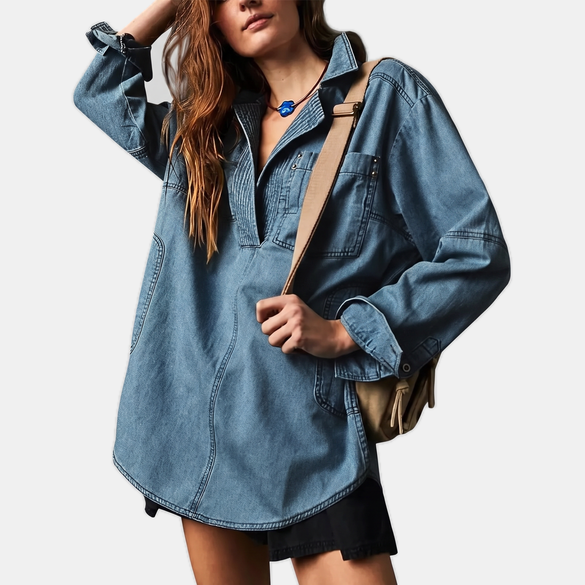 Women's Oversized V-Neck Long Sleeve Denim Pullover Shirt