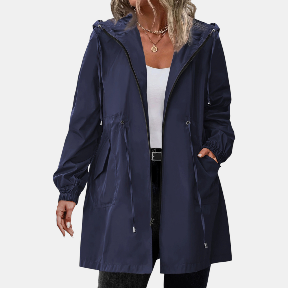 Women's Windbreaker with Drawstring at the Waist, Hood, Long Jacket