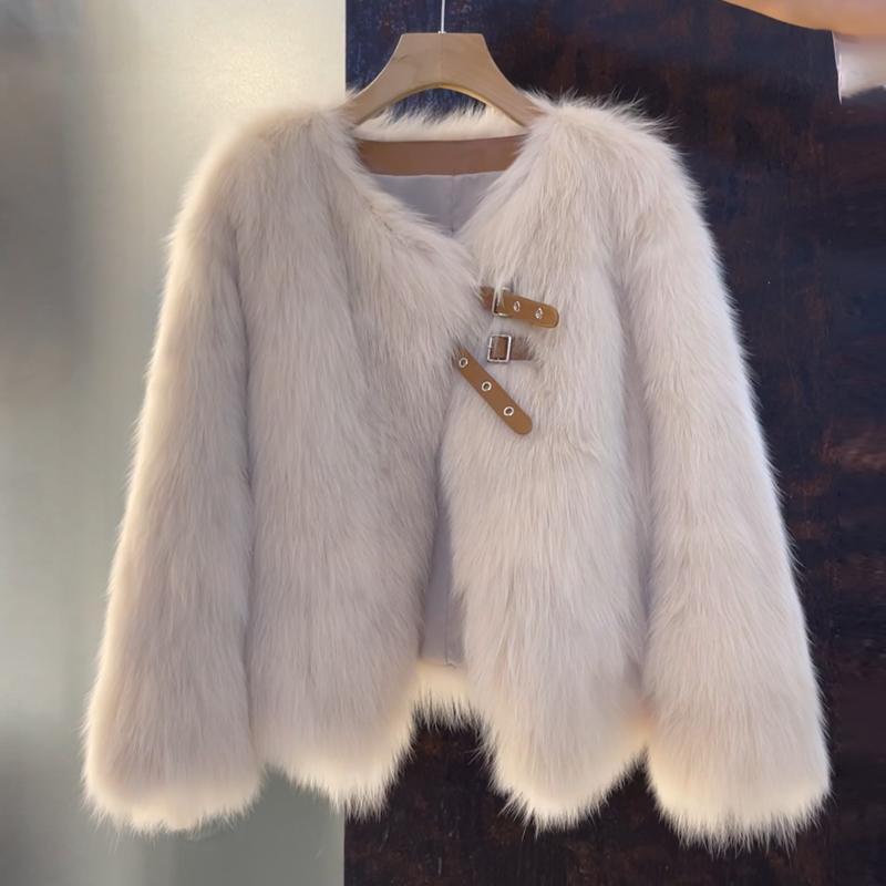 Women's Faux Fur Jacket with Buckle Detail Open Front