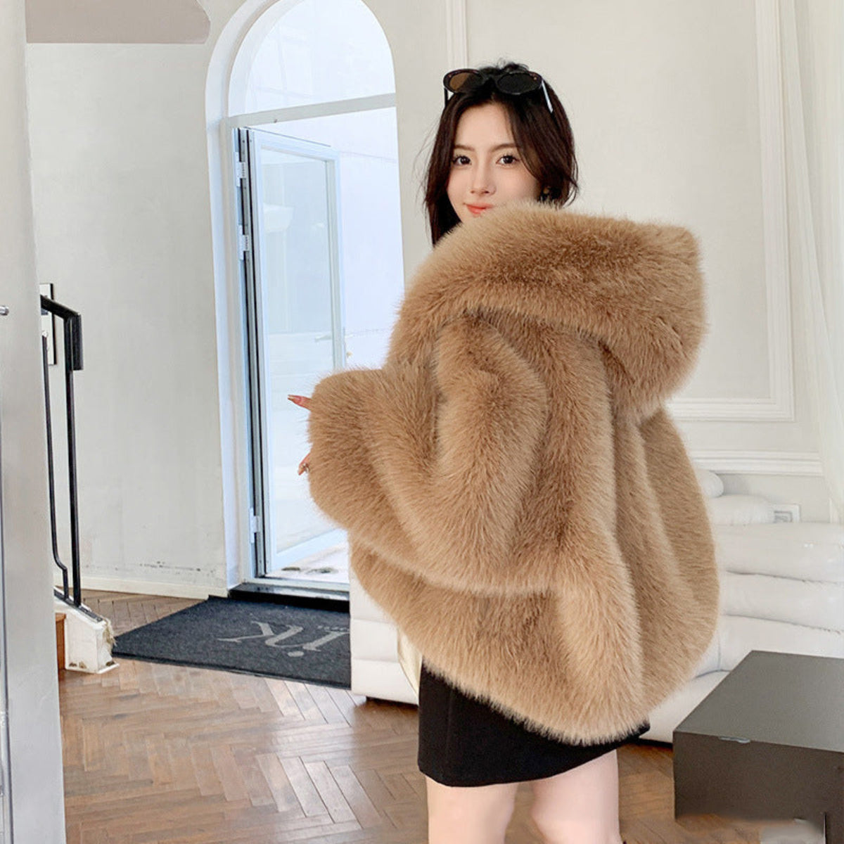 Stella - Comfy Hooded Long Sleeve Faux Coat
