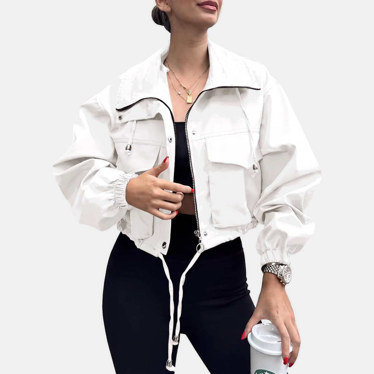 Women's Cropped Zip-Up Cargo Windbreaker Jacket