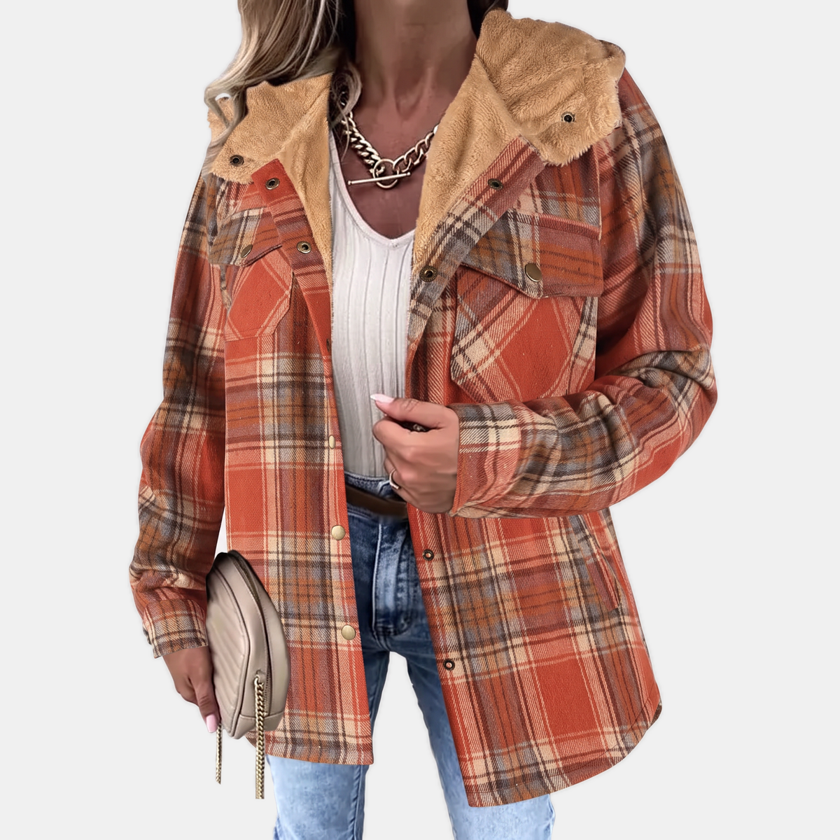 Women's Plush Hooded Checkered Flannel Snap Button Shacket